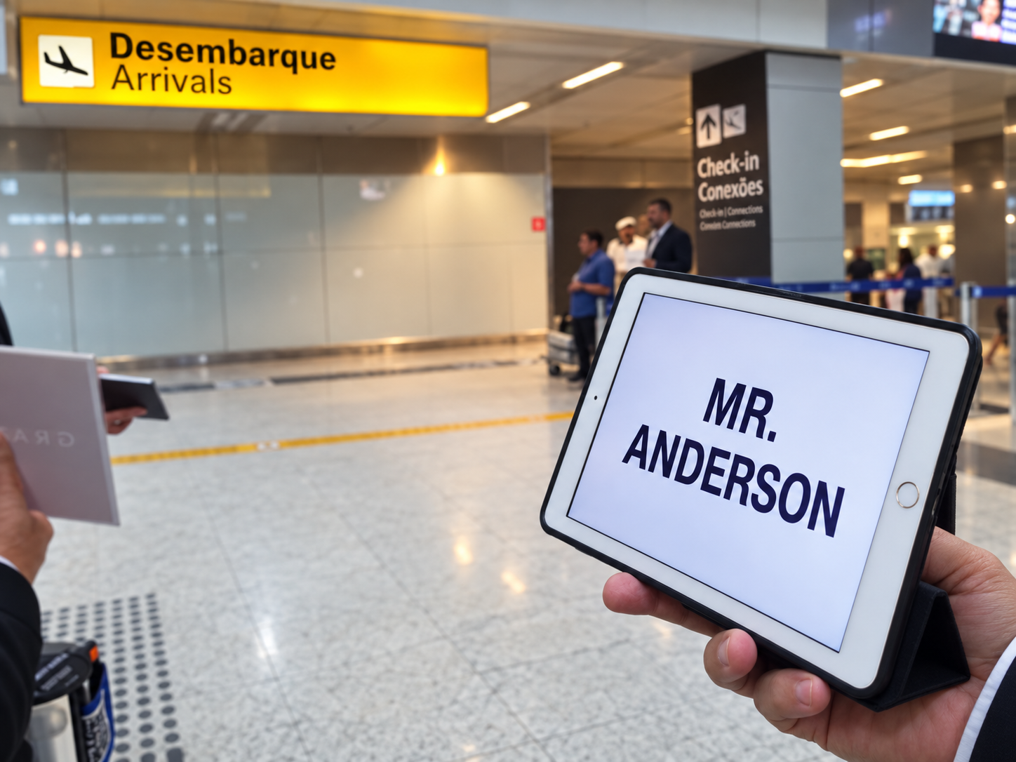 Accueil à l’aéroport avec une pancarte nominative